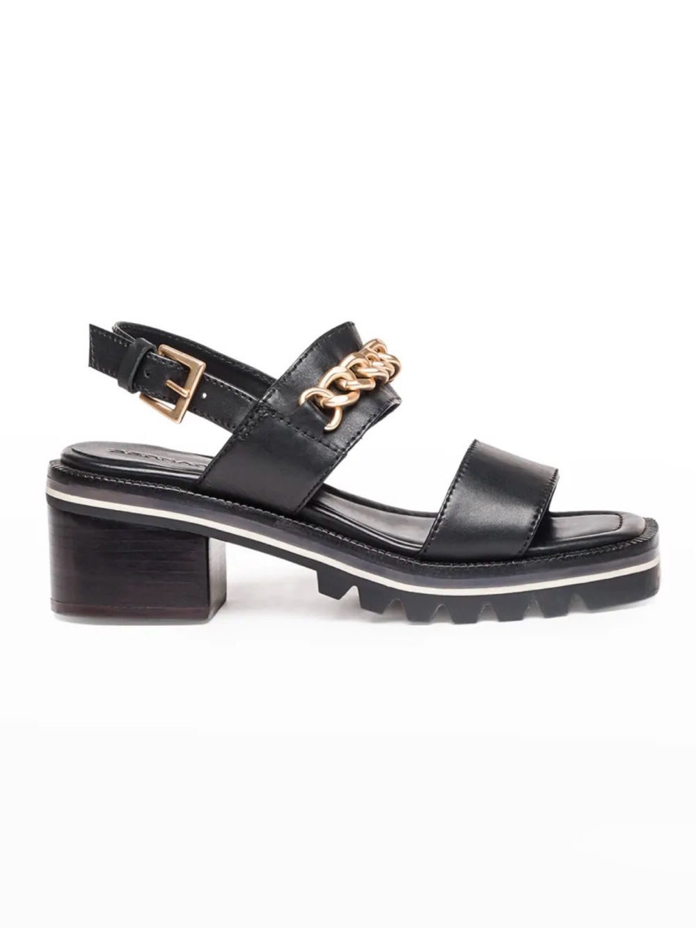 Bernardo Sz. 7.5M Sorrena Black Leather Chain Slingback Lug Sole Sandals.